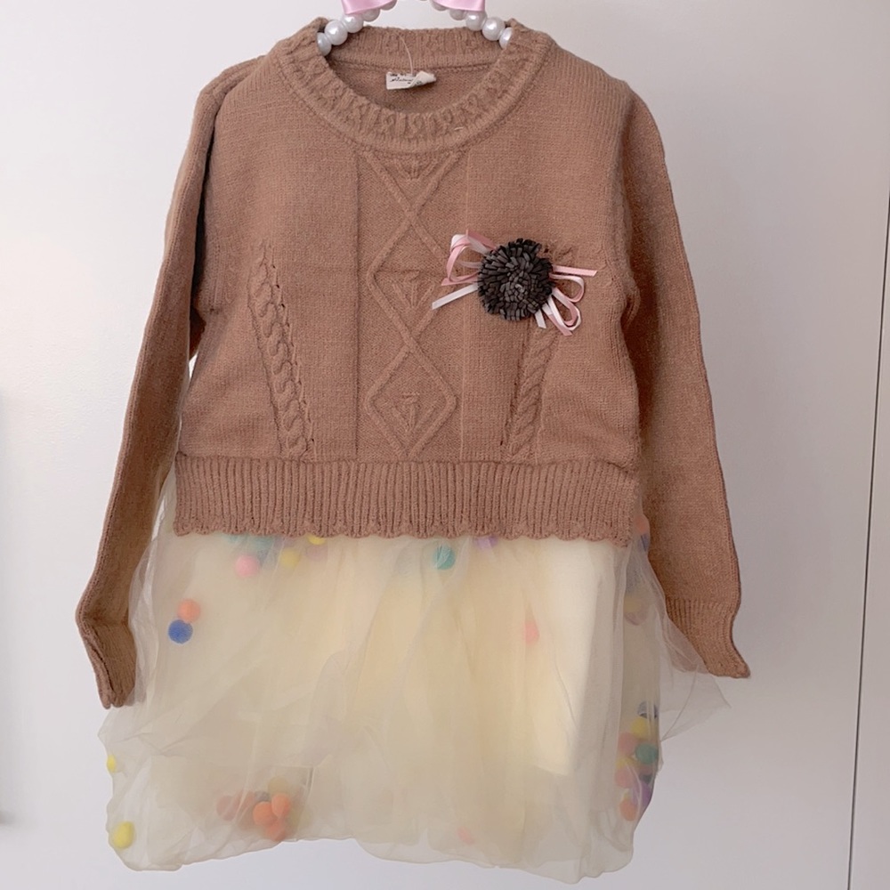 Little Girls Tan Sweater Dress with Tutu - Picture 3 of 3